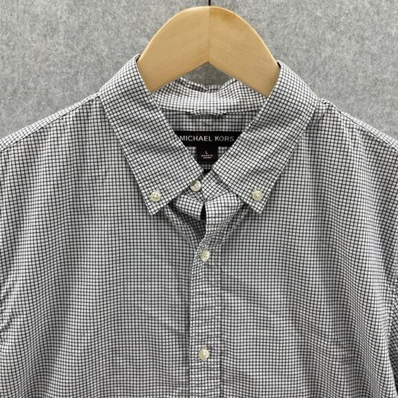Michael Kors Button Down Shirt Mens Large White Blue Micro Plaid‎ Cotton - Picture 2 of 8